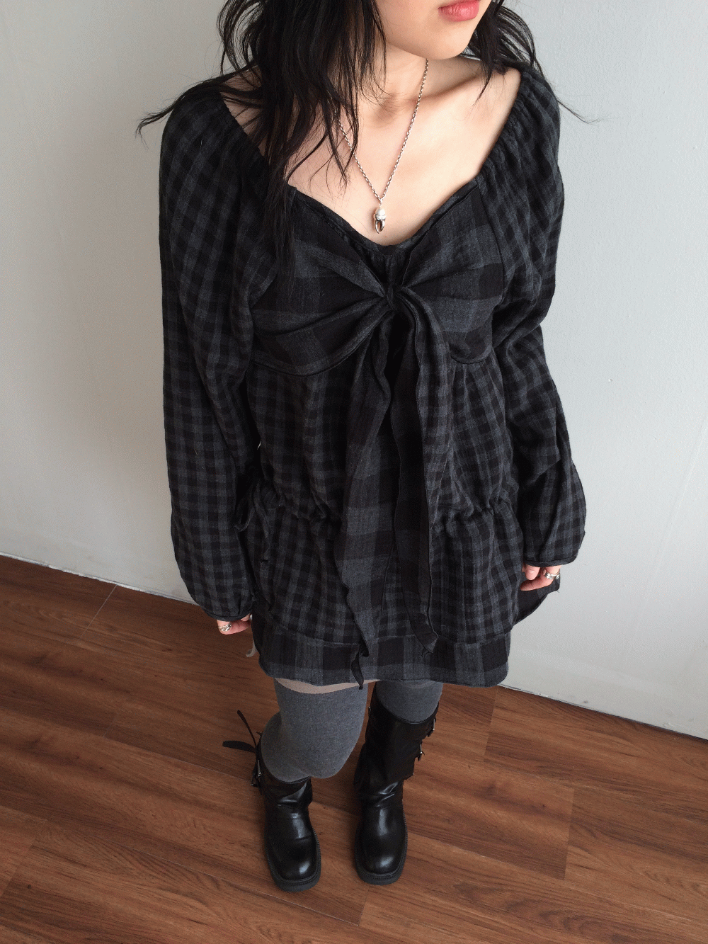 치리리 ribbon check frill blouse 리본 체크 프릴 블라우스