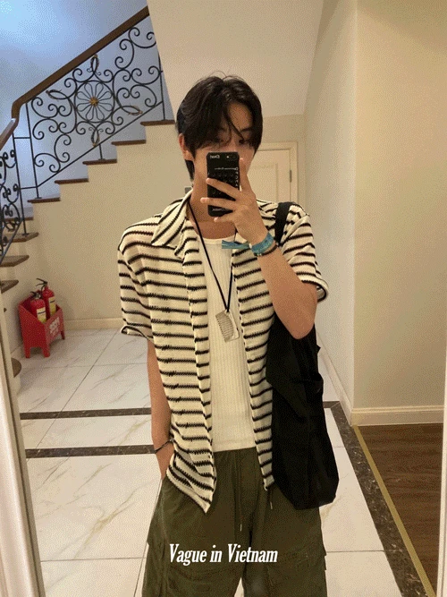 Net stripe half shirt (2color)