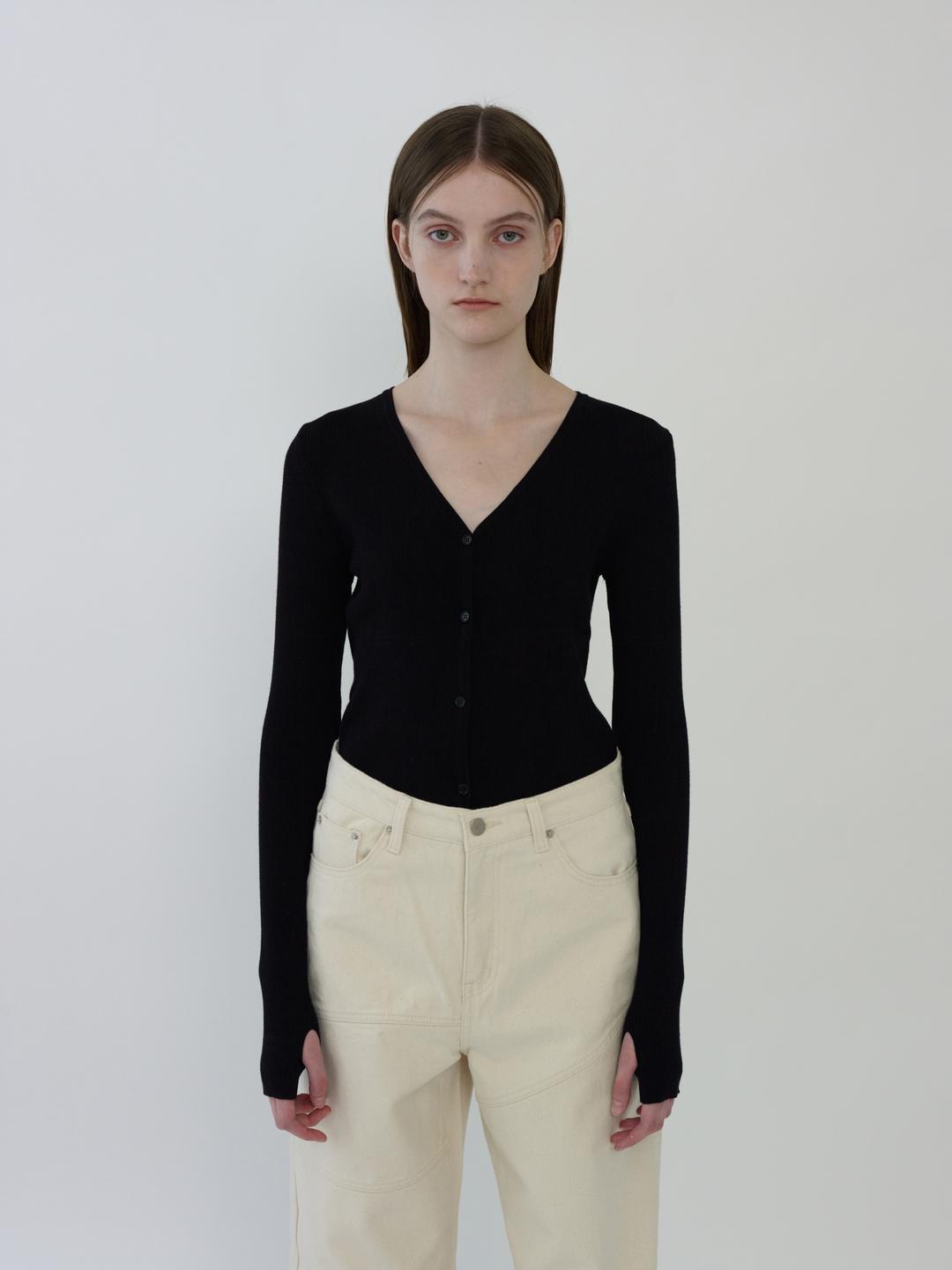 RIBBED HAND WARMER CARDIGAN - BLACK
