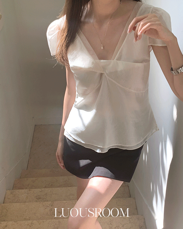 루어스룸 여름💙 빌리아 브이넥 반팔 소매 시스루 오간자 레이어드 하객룩 블라우스