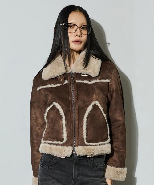 여성 퍼 배색 크롭 무스탕 브라운