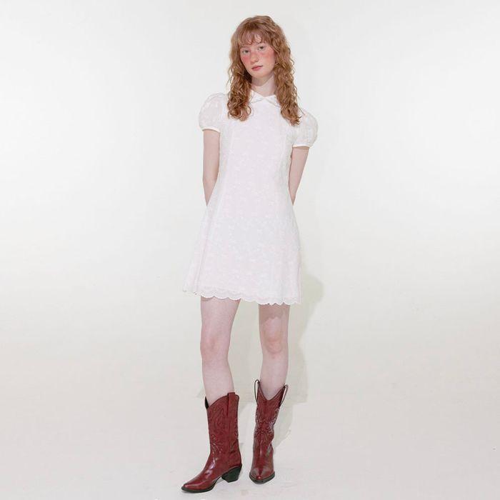 Ribbon Collar Mini Dress (White)