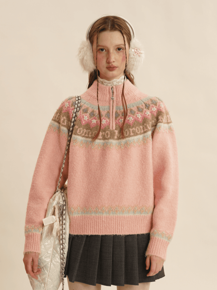 MOROMORO 페어아일 니트 하프 집업 (2 컬러)