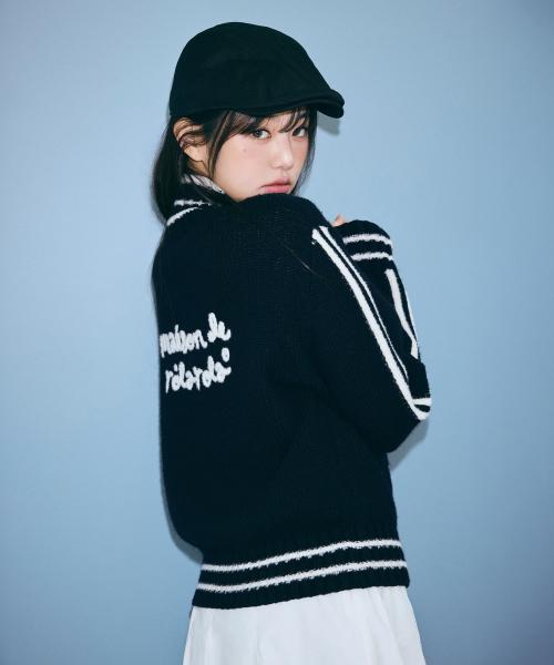 MAISON DE ROLA EMBROIDERY WOOL BLENDED KNIT ZIP-UP BLACK