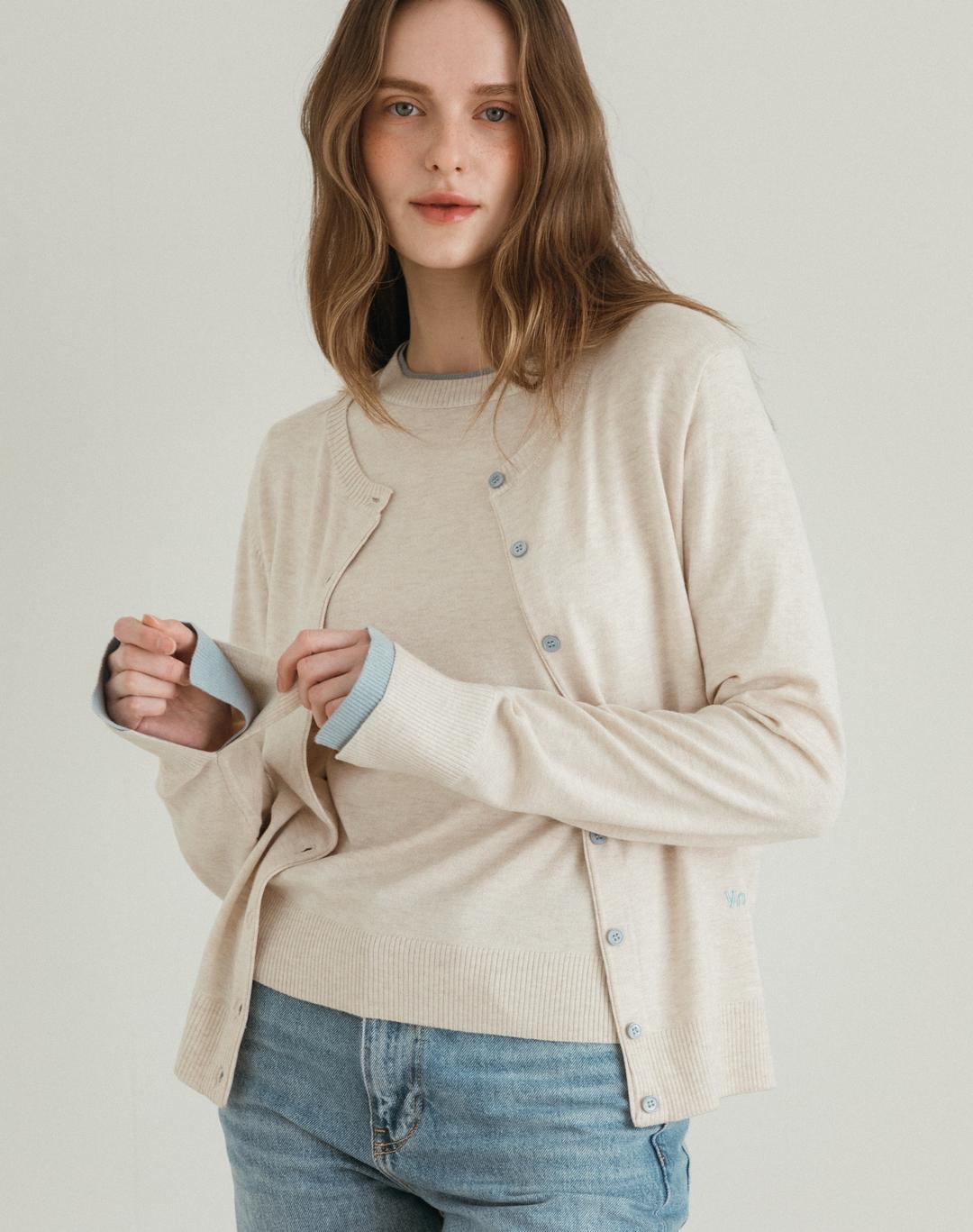 바닐라니트 오아시스 레이어드 배색 니트 가디건