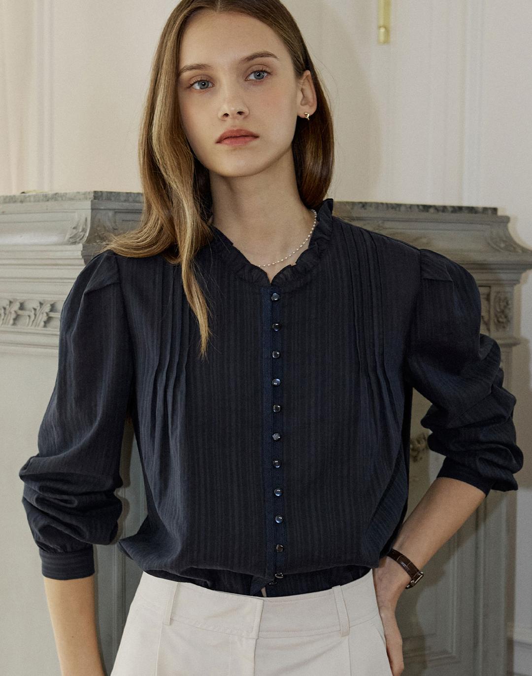 Mini Frill Pintuck Blouse - Navy