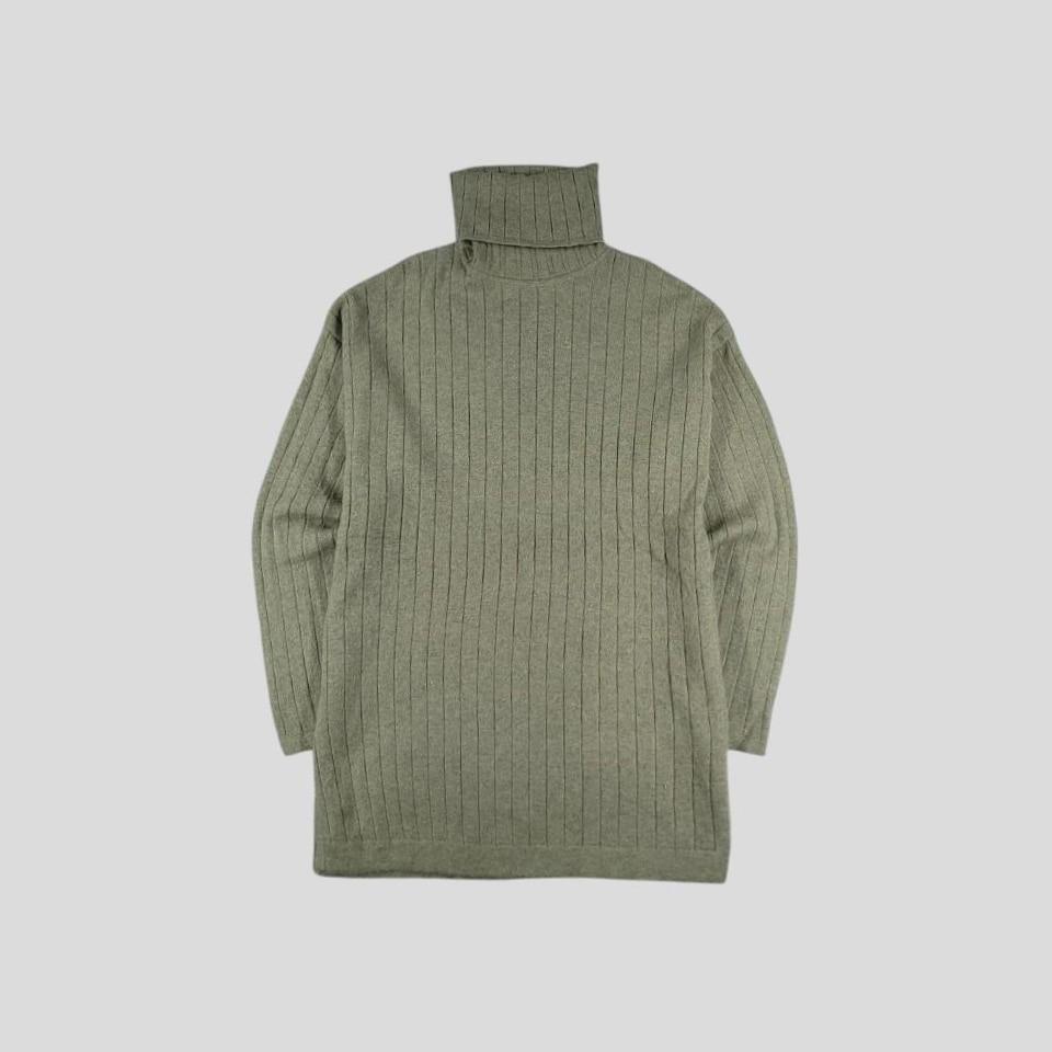 POUSHAL 라이트카키 스트라이프 캐시미어 울블렌드 목폴라 터틀넥 니트 MADE IN JAPAN WOMANS FREE