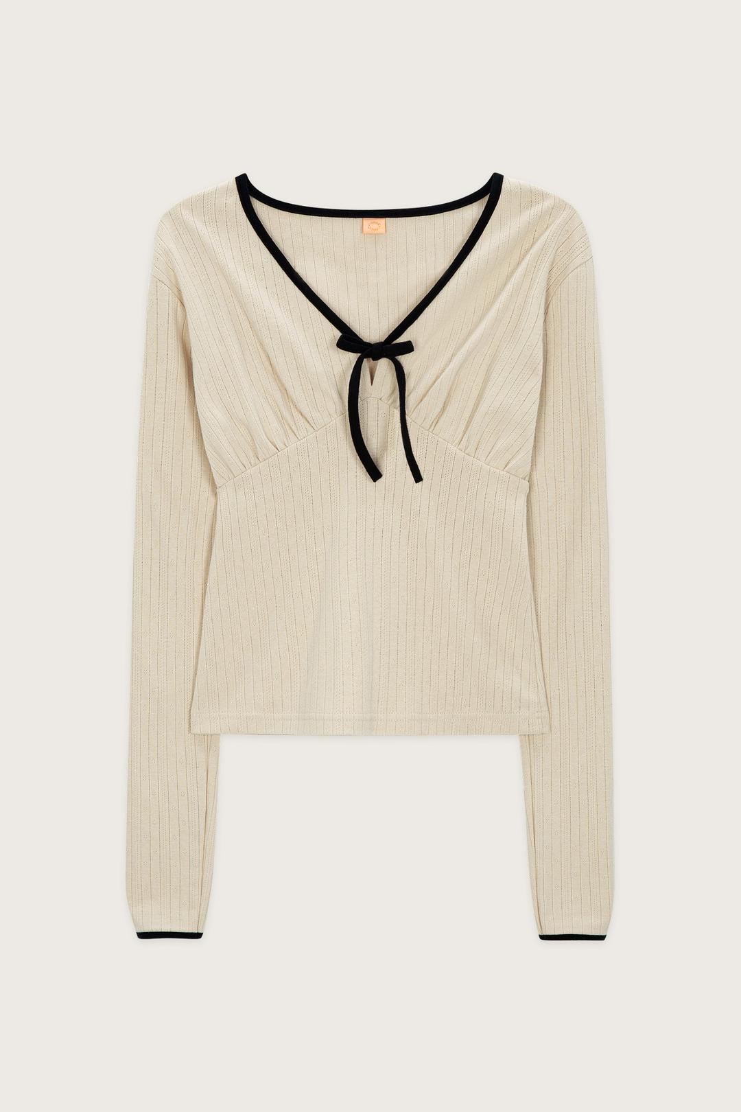 RIBBON V-NECK LONG SLEEVE (LIGHT BEIGE)