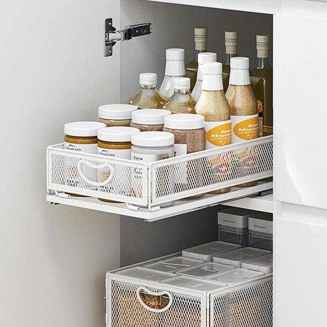 깔끔정리 적층가능 주방 슬라이딩 수납 선반 싱크대 하부장 인출식 레일 정리대 3size