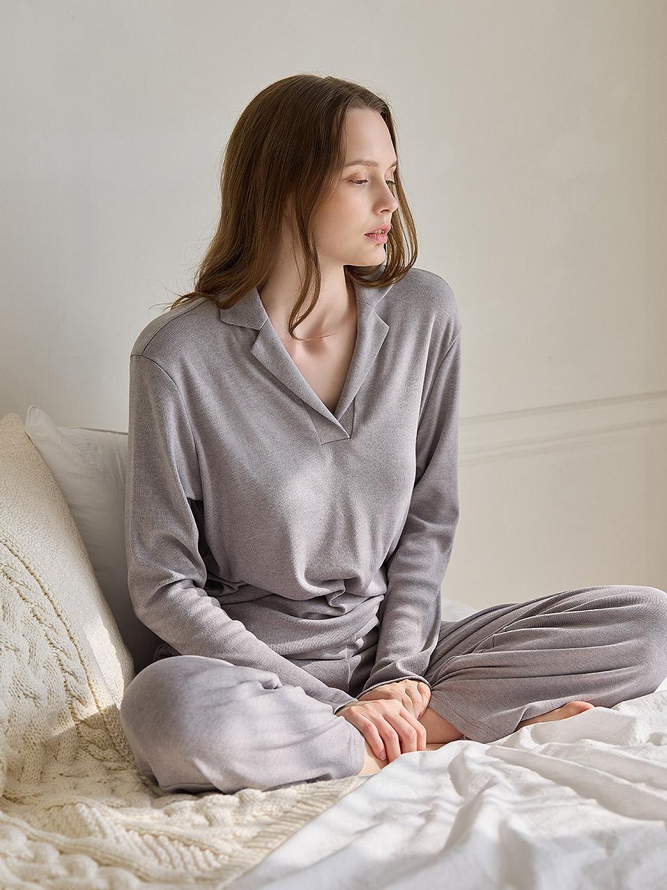 코지 셔츠 파자마 세트 - 멜란지그레이