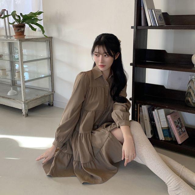 [ 도톰/ 데이트룩, 러블리] 체스 카라 캉캉 주름 밴딩 오버핏 미니원피스 여행룩 _데이지멜로우