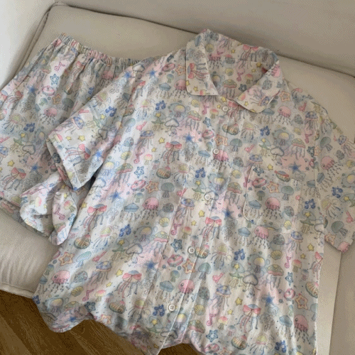 핑크우드 버블 젤리피쉬 해파리 여름 반팔 순면 잠옷 세트 (1color)