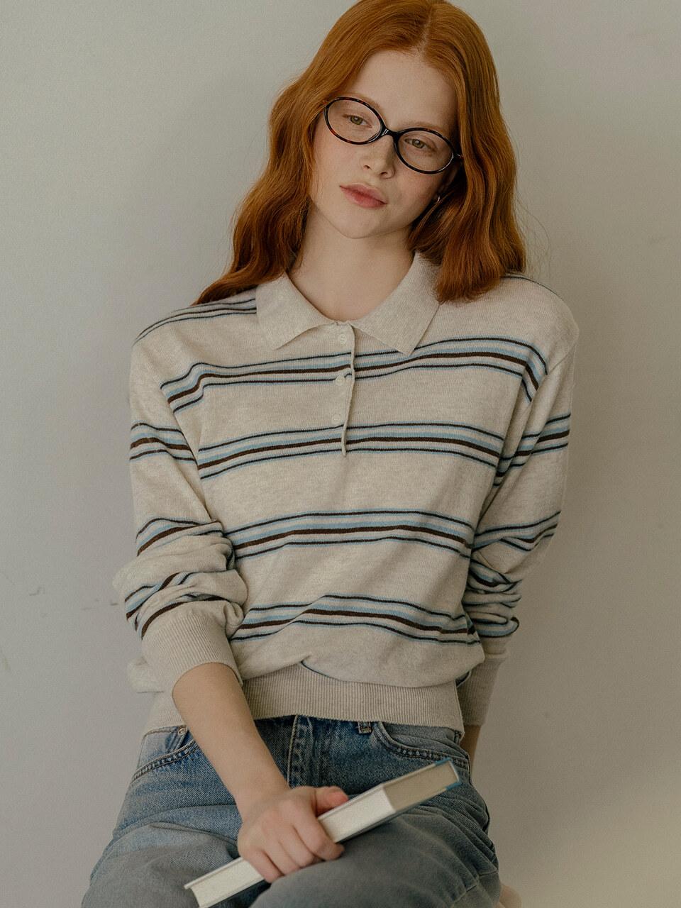 [1차:03/18 예약배송] Soft coloring stripe collar knit_Cream