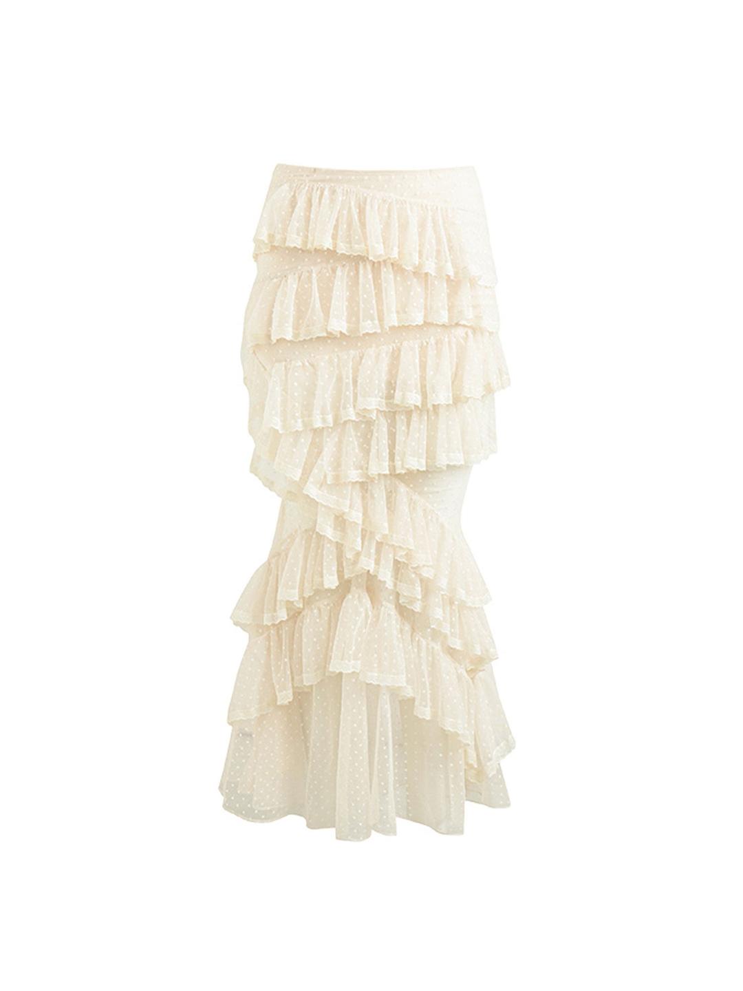 Heart Lace Trim Polka Dot Tulle Layered Long Dress in White Multi