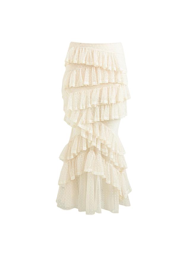 Heart Lace Trim Polka Dot Tulle Layered Long Dress in White Multi