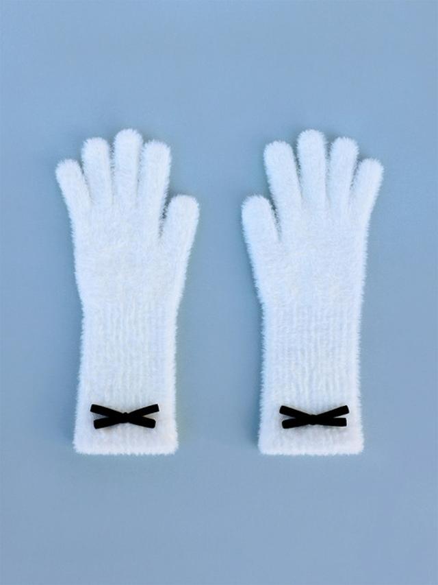 [GOCORI] FUZZY RIBBON FINGER HOLE GLOVES - WHITE 핑거홀 장갑 니트장갑