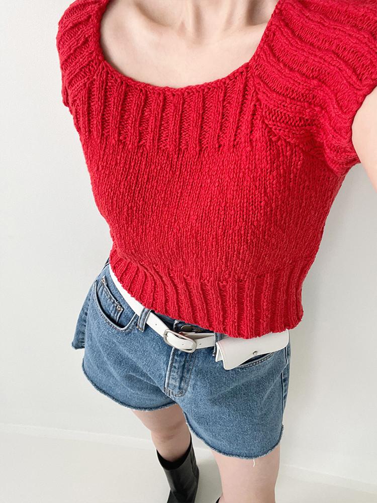 시에스타 부클 면 니트 / Wruf 크롭니트 여름니트 비비드 레드