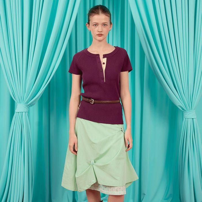 BUTTON HENRYNECK CUT-OFF KNIT / purple