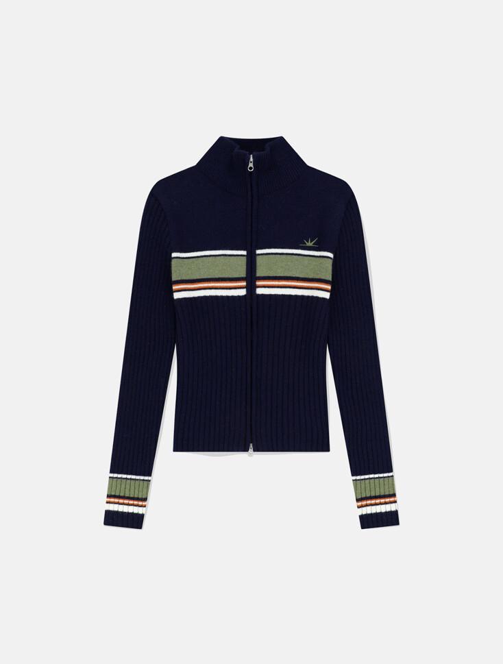 W Striped Full Zip Knit Cardigan Navy