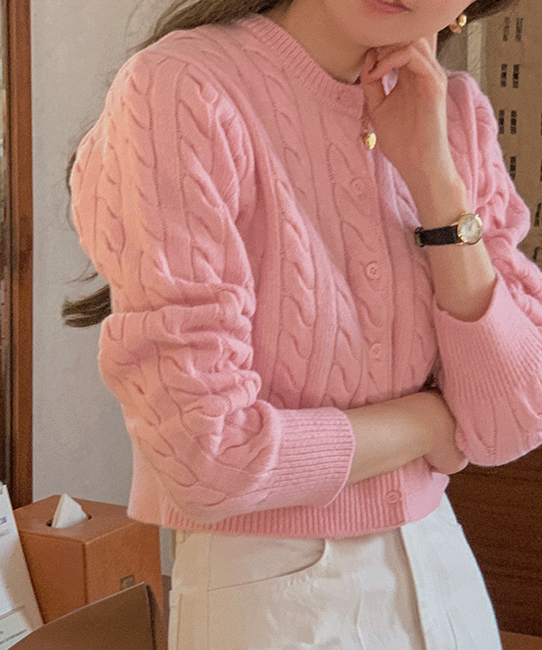 에들린 케이블 라운드 꽈배기 크롭 니트 가디건(pink)