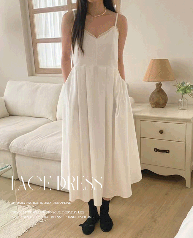 [휴양지룩/여행룩추천] 레이스 끈나시 레이어드 민소매 롱 원피스 - 2color