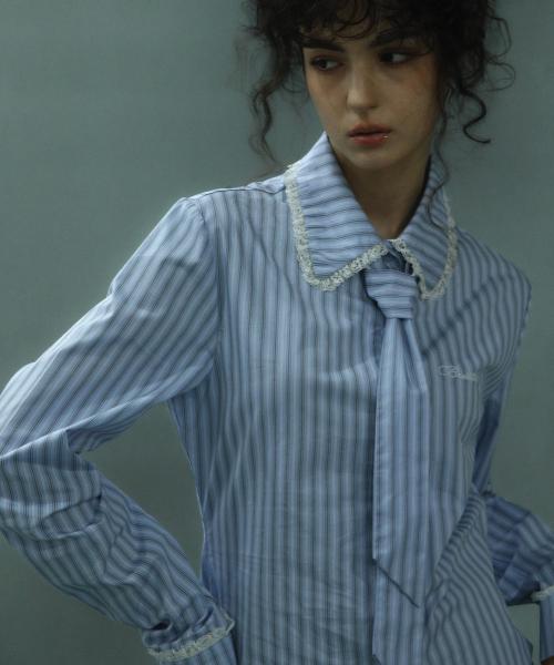 Stripe Lace Tie Shirt Blue