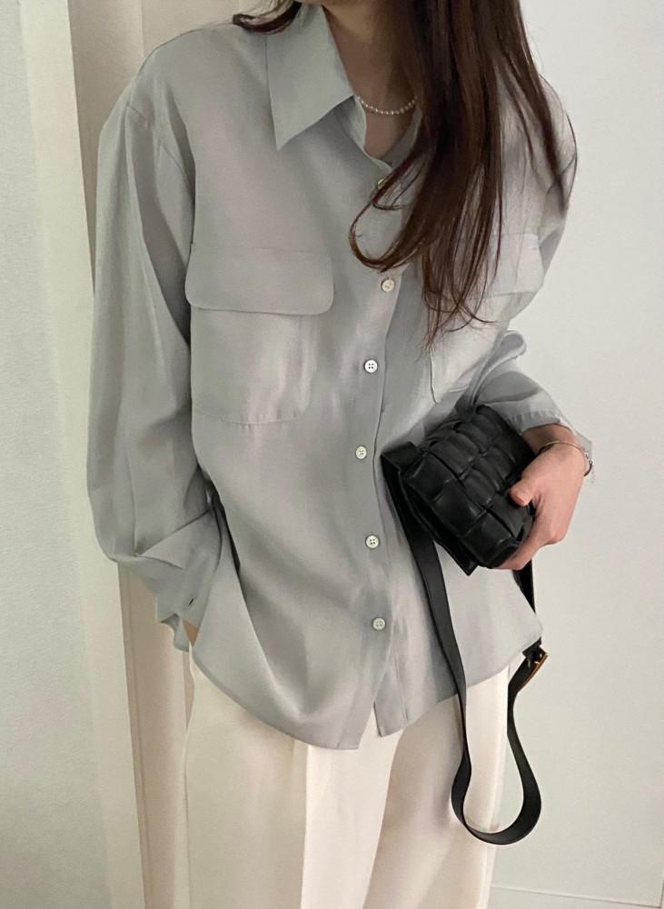 메르 카라 블라우스 (5col) 투포켓 긴팔 레이온 하늘하늘 카라셔츠 쿨톤블라우스