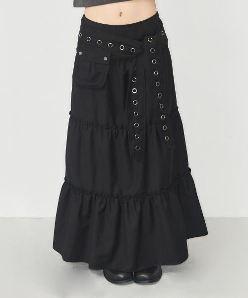포켓 프릴 롱 스커트 블랙