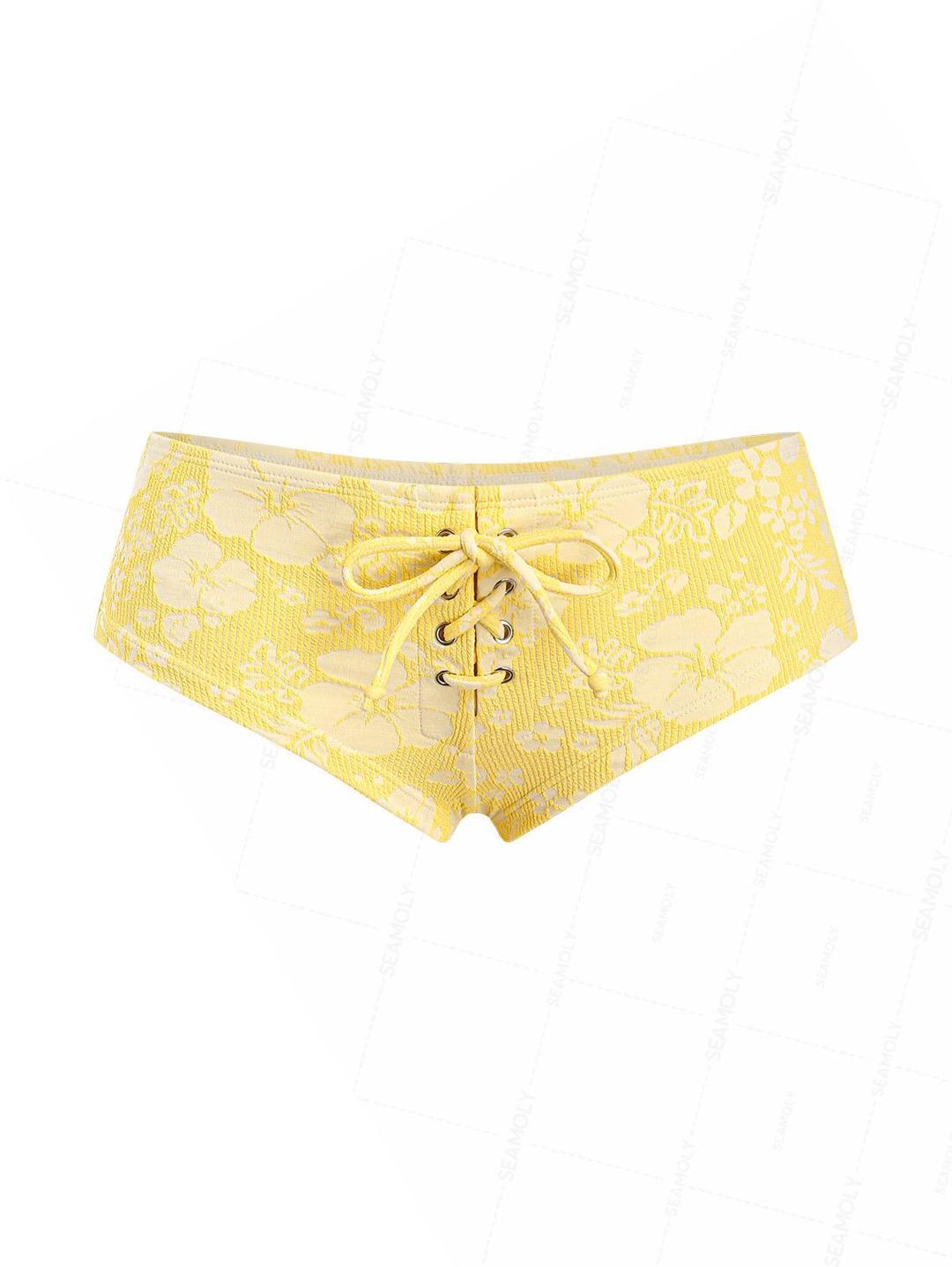 Seamolly Recycled Fabric Jacquard Grommet Lace Up Bikini Bottom Cheeky Swim Boyshorts