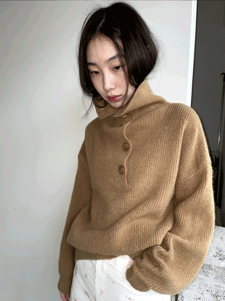 high collar button knit