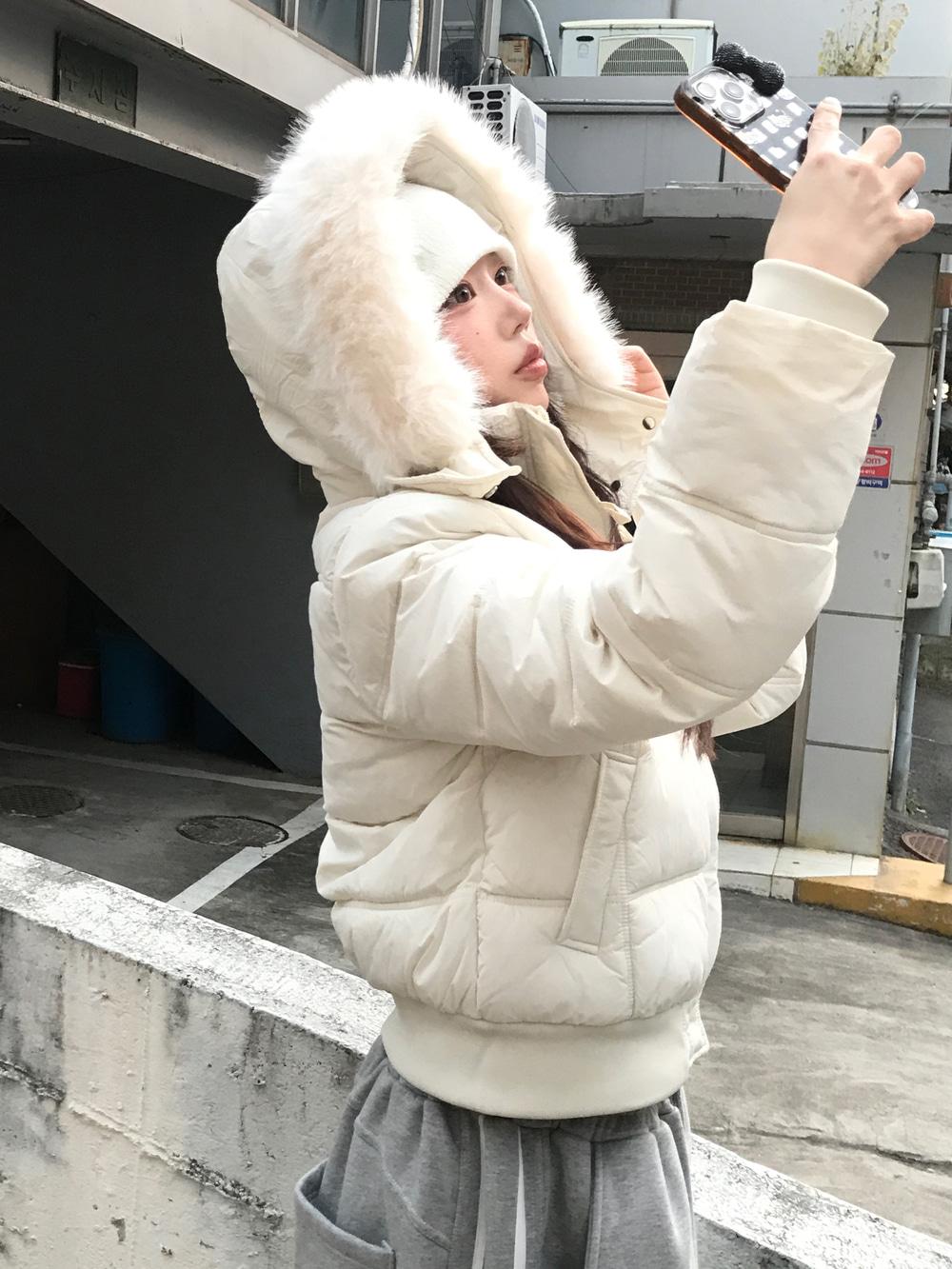 스즈하 페미닌 하이넥 후드 퍼 패딩(2color)