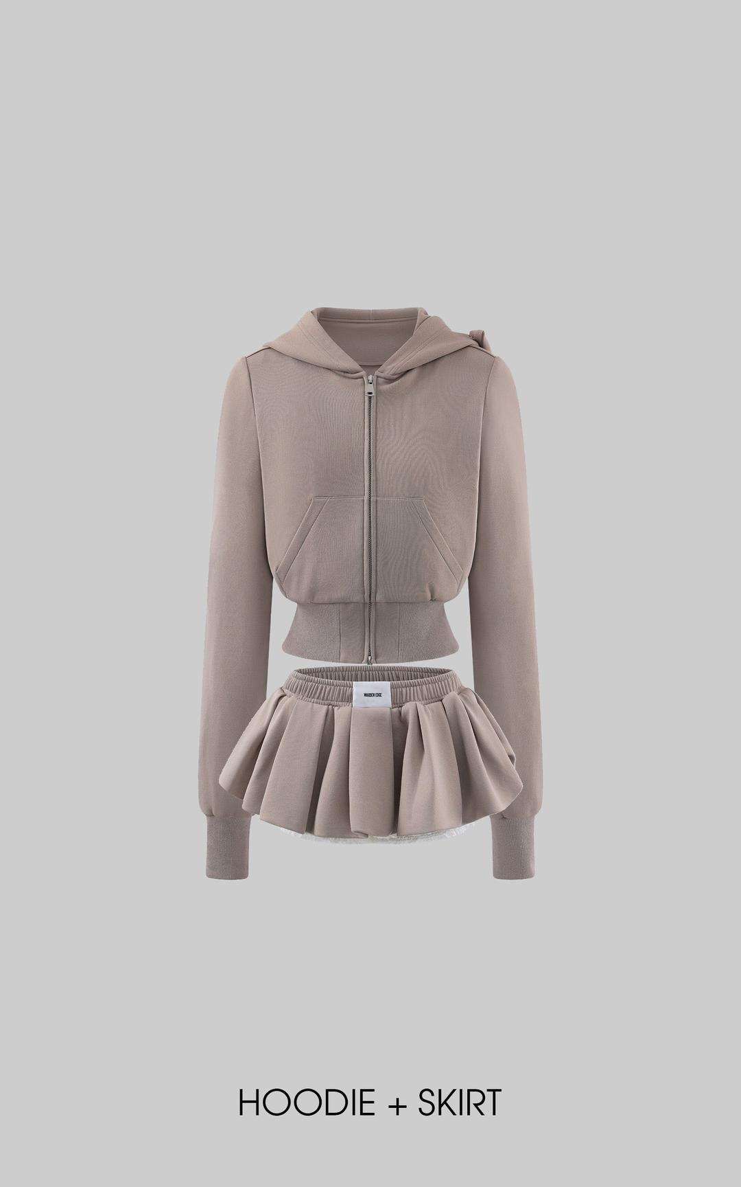 <tc>WARDEN EDGE</tc> 리본 후드 크롭 집업 후디 & 플리츠 미니 스커트 세트
