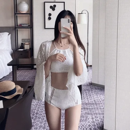 [당일출고] 3PS로브세트 홀터넥 하이웨스트 비키니 수영복