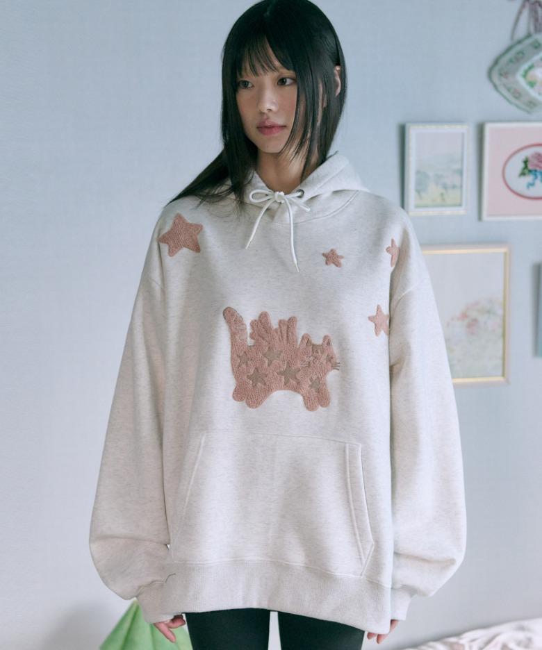 엠블러 남여공용 ANGEL STAR CAT 부클 자수 후드 티셔츠 AHP1216 (오트밀)