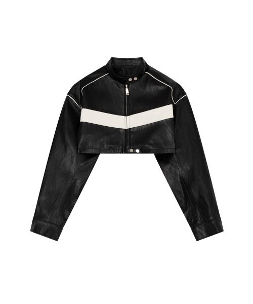 CROPPED BIKER LEATHER JACKET, BLACK