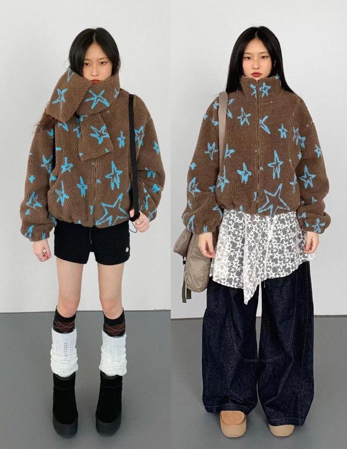 innomoood 드로잉 스타 스탠드 카라 퍼 자켓 (2color)