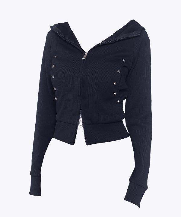 핸드워머 스터드 슬림핏 골지 크롭 후드집업