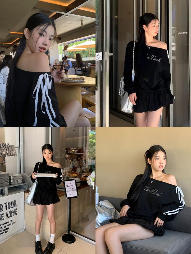 라인 리본 블랙 오프숄더 원피스