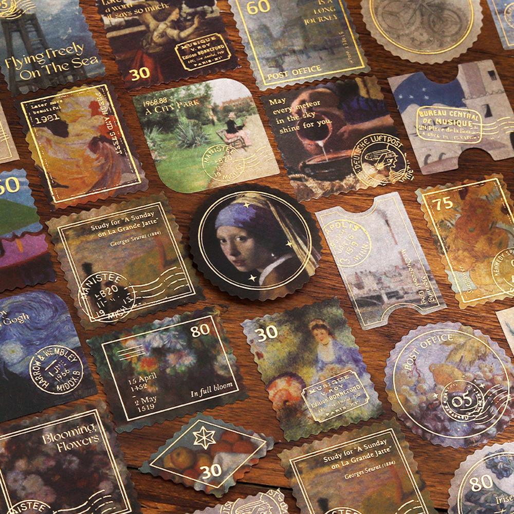 회화 노트 빈티지 금박 스티커 45장 앤틱 다이어리 레트로 다꾸 라벨 명화 우표