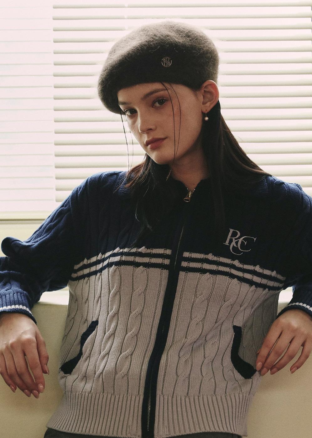 RCC Cable Knit Zipup Cardigan [NAVY]