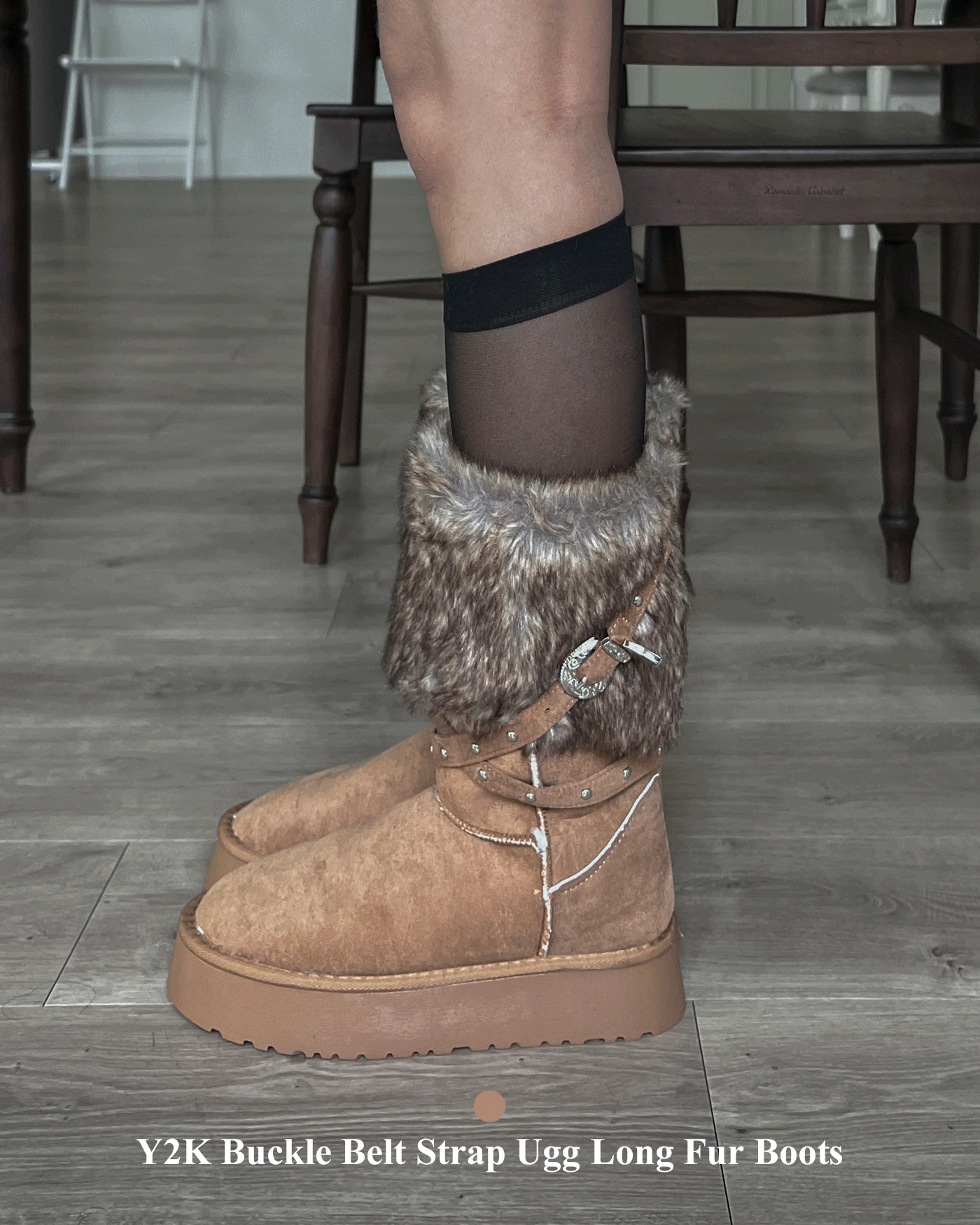 Y2K 버클 벨트 스트랩 어그 롱 퍼 부츠 (CAMEL)