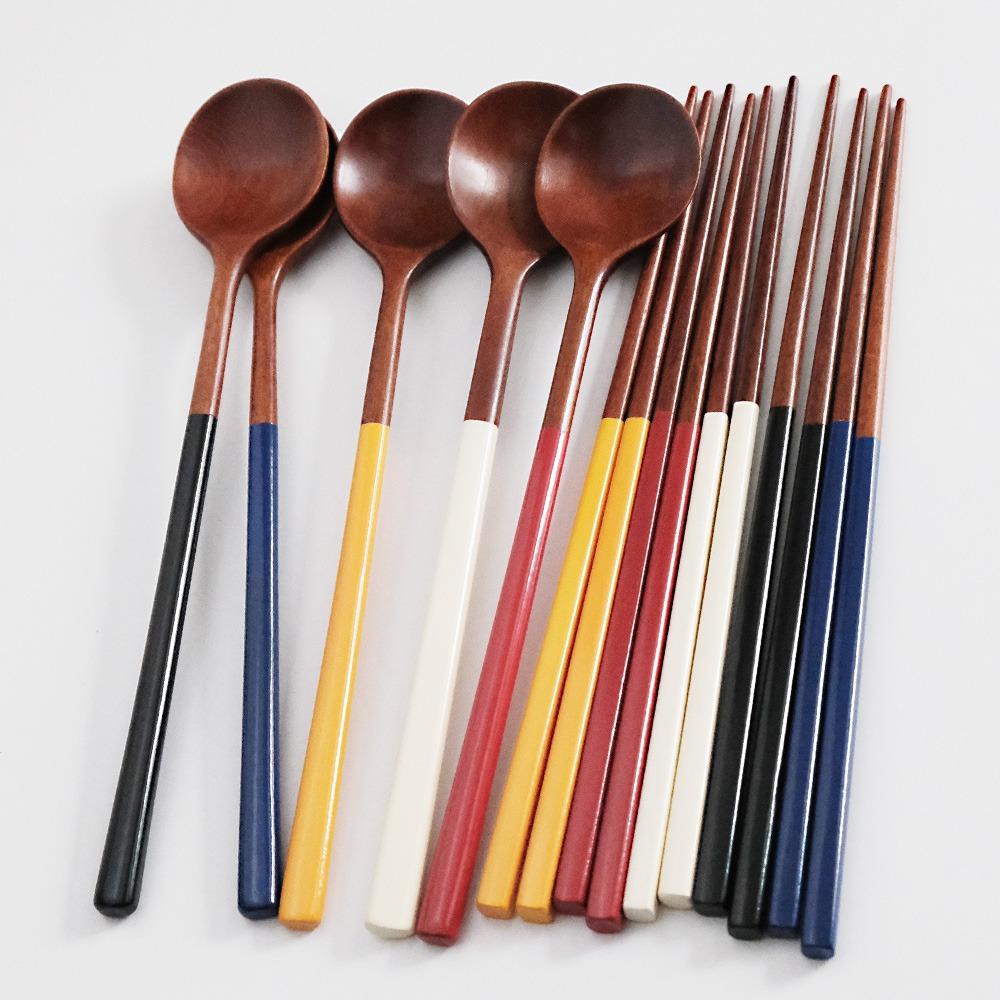컬러 투톤 우드 수저 세트 5 color 나무 수저