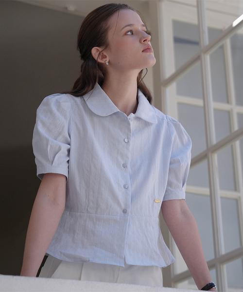 Round Collar Jacquard Blouse [Blue]