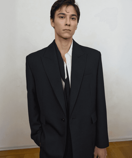 리브 울 싱글 피크드 블레이저 블랙