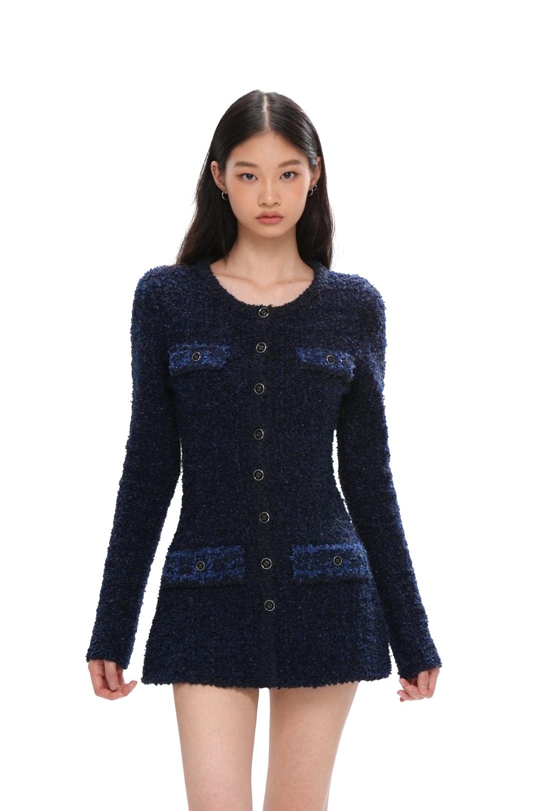 TEXTURED KNIT LONG-SLEEVE DRESS & SHORTS - XS / Navy / Dress