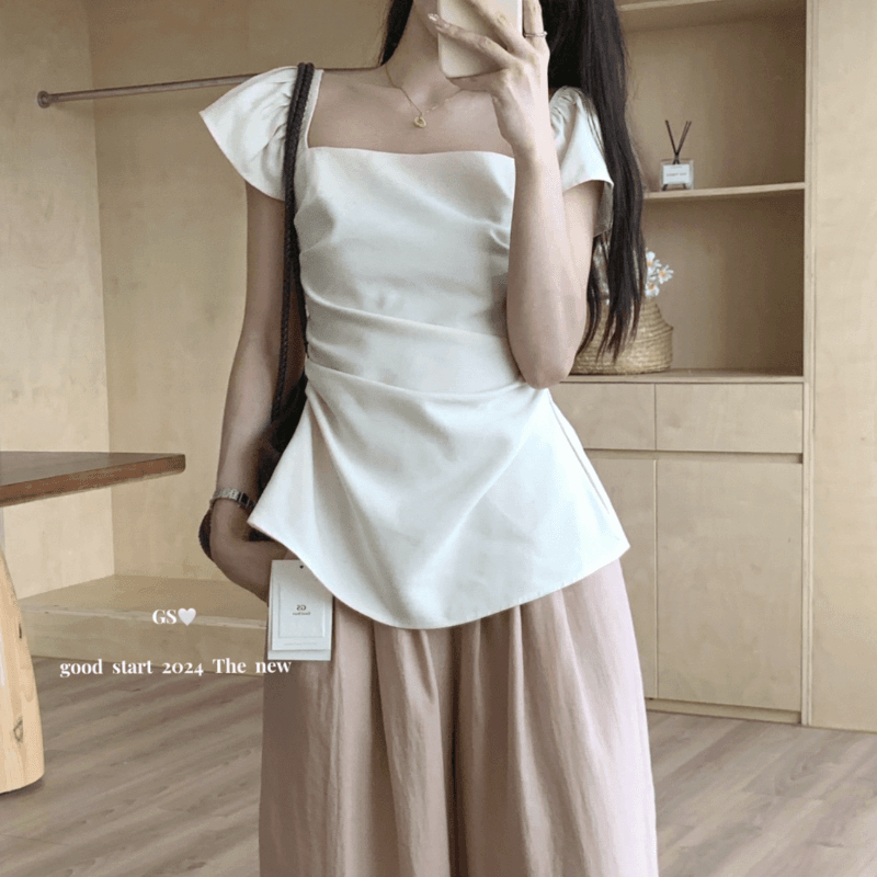 영잉 여리 퍼프 밴딩 오프숄더 스퀘어넥 블라우스