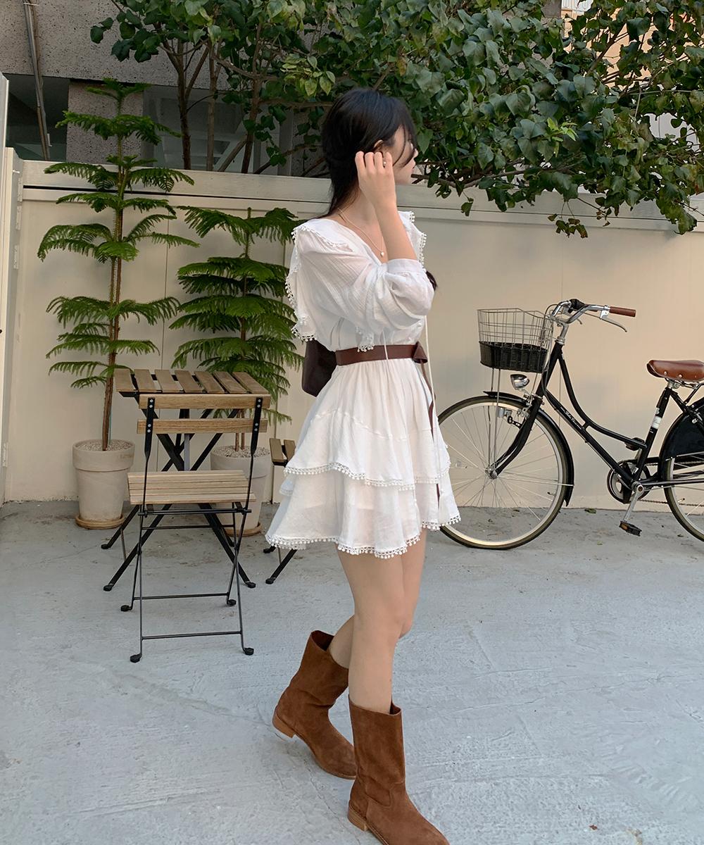 클래식블랑 [벨트set🎀원피스] 리치 가을 봄 겨울 에스닉 테슬 러플 벨트 캉캉 미니 원피스 / 프렌치룩 데이트룩 하객룩 연말룩 브라이덜샤워 화이트 레이어드 클래식블랑