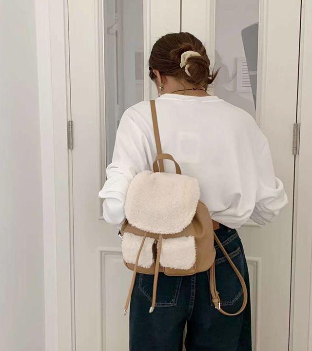 레토 뽀글이 레더 콤비 포켓 퍼 양털 겨울 캐주얼 백팩 (4color)