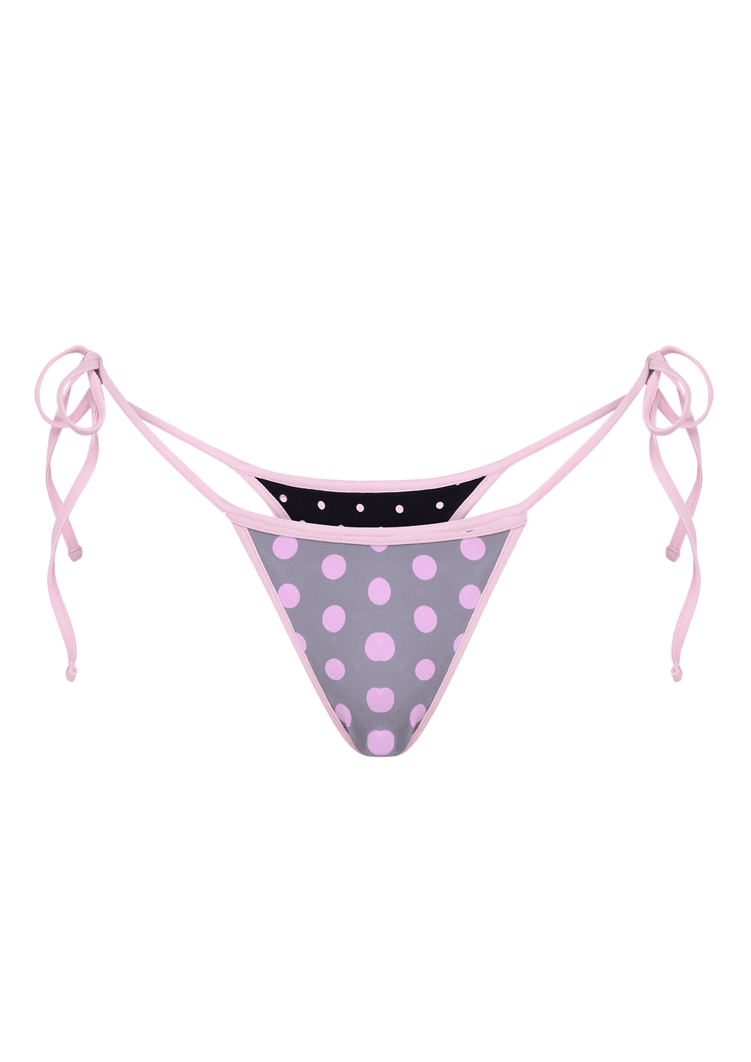 POLKA TRIANGLE BIKINI THONG IN REVERSE GREY, BLACK & PINK - Grey / XS