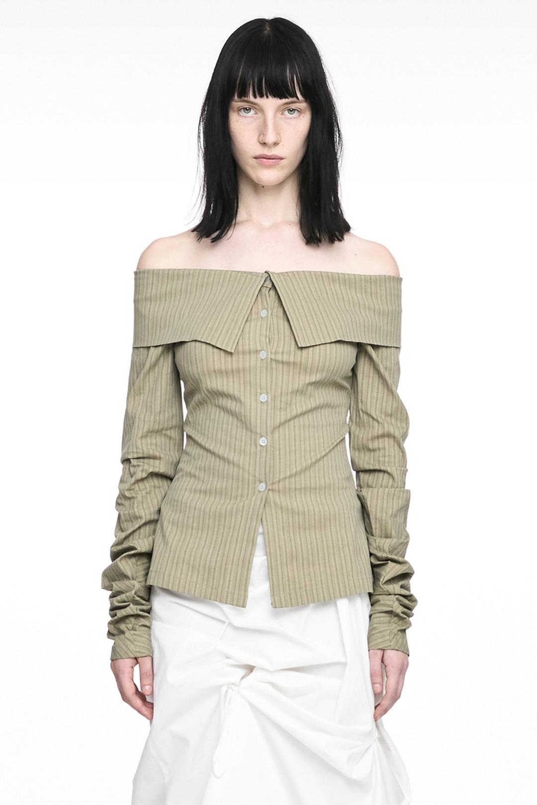 STRIPED OFF SHOULDER SHIRT KHAKI BEIGE